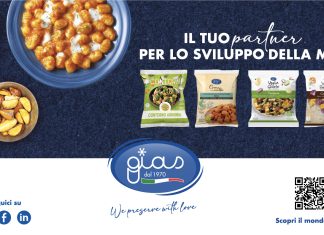 Banner promozionale Gias che mostra piatti pronti e confezioni di surgelati accanto al claim Il tuo partner per lo sviluppo della MDD e al nuovo logo aziendale