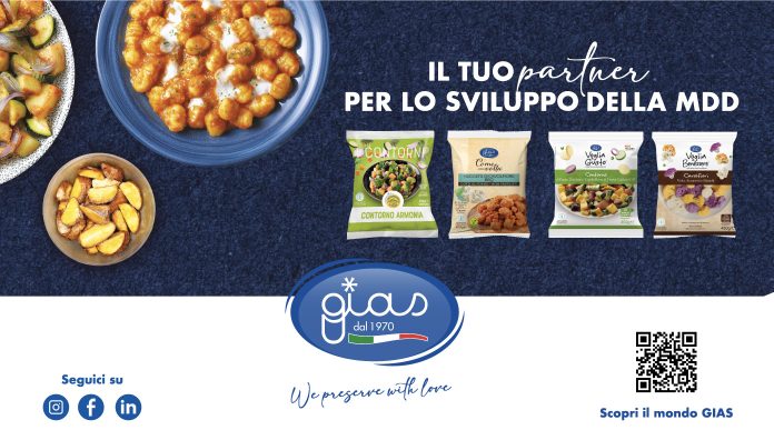 Banner promozionale Gias che mostra piatti pronti e confezioni di surgelati accanto al claim Il tuo partner per lo sviluppo della MDD e al nuovo logo aziendale