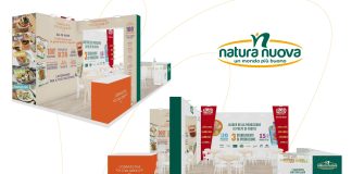 Rendering dello stand di Natura Nuova a Marca 2026 con focus su polpe di frutta e gastronomia vegetale