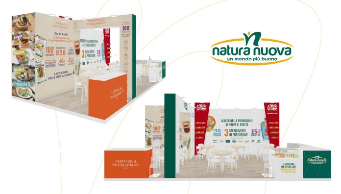 Rendering dello stand di Natura Nuova a Marca 2026 con focus su polpe di frutta e gastronomia vegetale