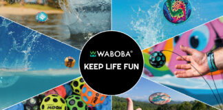 Collage di prodotti Waboba in azione: la Moon Ball che rimbalza, palle che galleggiano sull'acqua e dischi volanti per il gioco outdoor e il divertimento attivo all'aria aperta