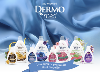 Gamma di ammorbidenti concentrati Dermomed in varie profumazioni floreali su sfondo di seta azzurra