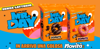 Pack dei nuovi donuts Mr.Day senza lattosio e non fritti: confezioni con farcitura al cioccolato e alla fragola per il comparto merende