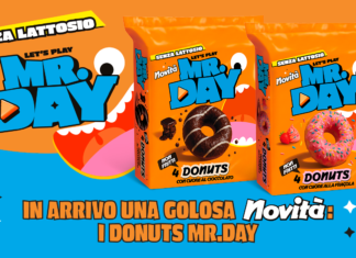 Pack dei nuovi donuts Mr.Day senza lattosio e non fritti: confezioni con farcitura al cioccolato e alla fragola per il comparto merende