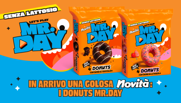 Donuts Mr.Day senza lattosio 1 2026 Pack dei nuovi donuts Mr.Day senza lattosio e non fritti: confezioni con farcitura al cioccolato e alla fragola per il comparto merende