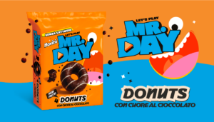 Dettaglio confezione Donuts Mr.Day con cuore al cioccolato: merenda senza lattosio e non fritta in formato multipack da 4 pezzi.