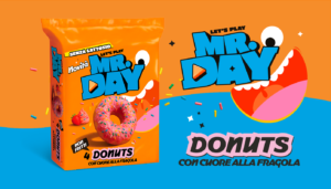 Donuts Mr.Day con cuore alla fragola: pack della merenda non fritta e senza lattosio con glassa rosa e zuccherini colorati.