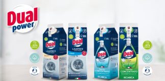 Nuova gamma di detersivi Dual Power in packaging eco-sostenibile di carta: flaconi ricarica per lavatrice (Marsiglia, Classic) con -83% di plastica e piatti gel concentrato (Bicarbonato, Limone) con -87% di plastica, tutti con certificazione FSC