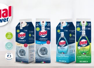 Nuova gamma di detersivi Dual Power in packaging eco-sostenibile di carta: flaconi ricarica per lavatrice (Marsiglia, Classic) con -83% di plastica e piatti gel concentrato (Bicarbonato, Limone) con -87% di plastica, tutti con certificazione FSC