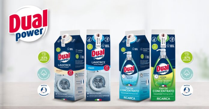 Nuova gamma di detersivi Dual Power in packaging eco-sostenibile di carta: flaconi ricarica per lavatrice (Marsiglia, Classic) con -83% di plastica e piatti gel concentrato (Bicarbonato, Limone) con -87% di plastica, tutti con certificazione FSC