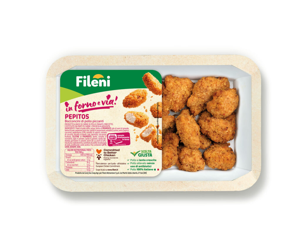 Confezione di Pepitos della linea Fileni In forno e via: bocconcini di pollo fritti e piccanti in un vassoio ecosostenibile che va direttamente in forno