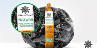 Confezione di cozze Nieddittas Natura con etichetta certificata ASC per l'acquacoltura responsabile nel Golfo di Oristano