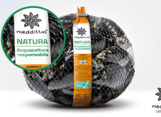 Confezione di cozze Nieddittas Natura con etichetta certificata ASC per l'acquacoltura responsabile nel Golfo di Oristano