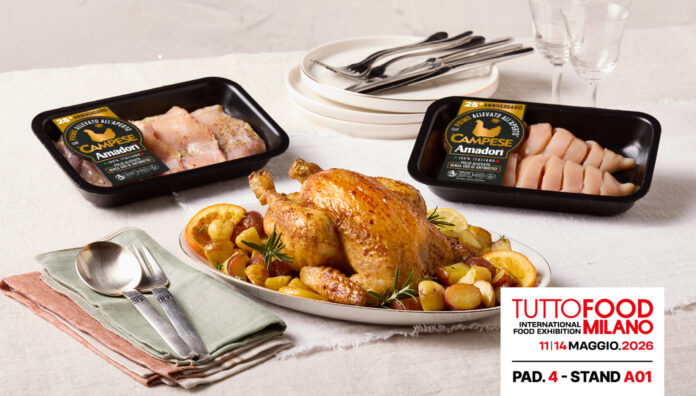 Prodotti Amadori a TuttoFood 2026: pollo arrosto e confezioni della linea Il Campese 25° Anniversario in esposizione presso il Padiglione 4, Stand A01