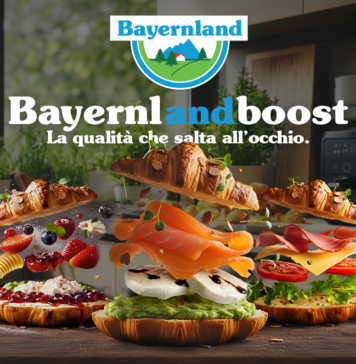 Immagine promozionale di prodotti lattiero-caseari Bayernland a Tuttofood 2026, con toast e croissant farciti a strati che mostrano ingredienti freschi come mozzarelle, formaggio e verdure