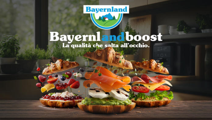 Immagine promozionale di prodotti lattiero-caseari Bayernland a Tuttofood 2026, con toast e croissant farciti a strati che mostrano ingredienti freschi come mozzarelle, formaggio e verdure
