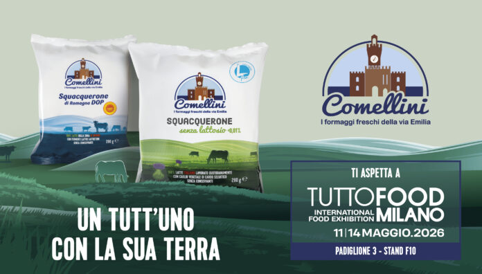 Banner promozionale del Caseificio Comellini a Tuttofood 2026. L'immagine mostra due confezioni di formaggio Squacquerone, la versione classica DOP e la variante senza lattosio con caglio vegetale, su un'illustrazione paesaggistica che include mucche e cardi. A destra, il logo aziendale e i dettagli dell'evento: Tuttofood Milano, 11-14 maggio 2026, Padiglione 3 - Stand F10, con lo slogan 