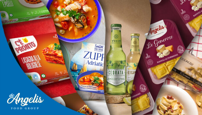 Un collage promozionale che mostra una vasta gamma di prodotti del De Angelis Food Group presentati a Tuttofood 2026. Al centro, bottiglie di bibite Verum (Cedrata e Bergamotto) affiancate da zuppe pronte di pesce Saor del Mar. Ai lati, confezioni di pasta fresca Raviolificio Poker (