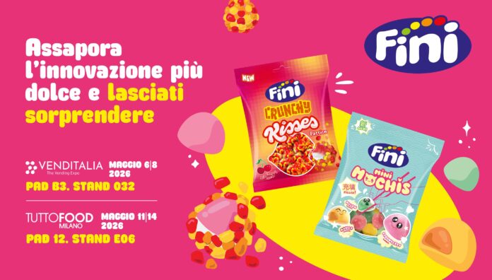 Prodotti e innovazioni The Fini Company presentati a Venditalia e TuttoFood 2026: confezioni di caramelle Crunchy Kisses e Mini Mochis su sfondo grafico colorato