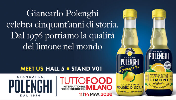 Polenghi celebra i cinquant'anni di storia a Tuttofood Milano 2026. L'azienda leader nel settore del succo di limone presenta le nuove caraffine premium biologiche di Sicilia Femminello Siracusano, 100% naturali e spremute a freddo. Padiglione 5, Stand V01, dall'11 al 14 maggio 2026