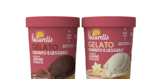 Due barattoli di gelato a base di albume Le Naturelle, nei gusti cioccolato e vaniglia, con l'etichetta che evidenzia l'assenza di lattosio e zuccheri aggiunti. Una novità salutistica per il retail