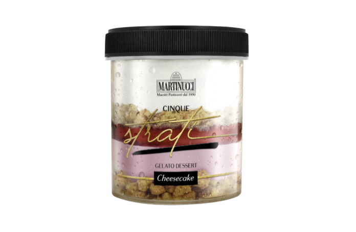 Confezione di Gelato 5 Strati Martinucci gusto Cheesecake in vasetto trasparente che mostra gli strati del dessert