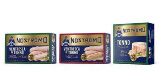 Le tre referenze della linea in edizione limitata Nostromo Vintage 75: Ventresca di tonno all'olio di oliva, Ventresca di tonno in salsa marinata e Tonno pinne gialle, con il packaging celebrativo per il 75° anniversario dell'azienda
