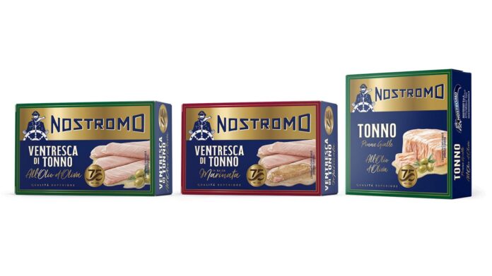 Le tre referenze della linea in edizione limitata Nostromo Vintage 75: Ventresca di tonno all'olio di oliva, Ventresca di tonno in salsa marinata e Tonno pinne gialle, con il packaging celebrativo per il 75° anniversario dell'azienda
