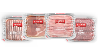 Quattro vaschette della nuova linea "Mangia&Chiudi" di Raspini Salumi presentate a TuttoFood 2026. Da sinistra: Mortadella Bologna IGP, Prosciutto Crudo, Prosciutto Cotto Alta Qualità, Salame Milano. Il packaging trasparente mostra i salumi affettati con l'evidente logo Raspini rosso e la dicitura "Confezione richiudibile"
