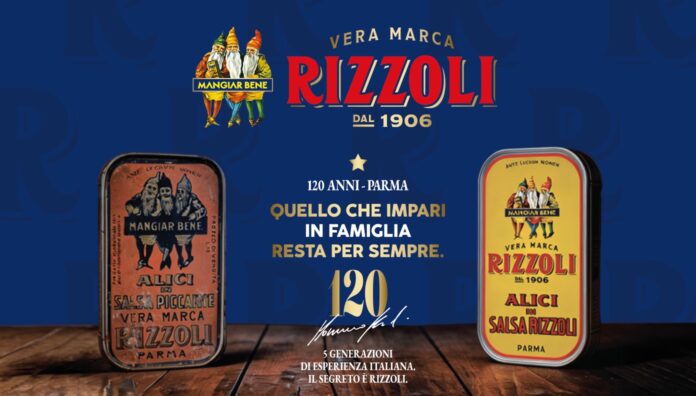 Immagine celebrativa del 120° anniversario della marca Rizzoli, con il logo storico e il payoff 