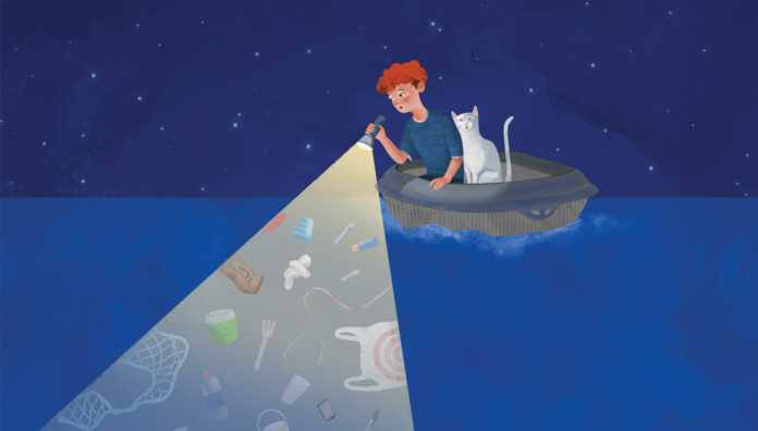 Illustrazione di un ragazzo con un gatto in una barca a notte, mentre punta una torcia elettrica su una vasta area di rifiuti di plastica e detriti galleggianti nel mare, evidenziando il problema dell'inquinamento marino. Questo evoca l'impegno di Bama per la sostenibilità e la gestione responsabile della plastica