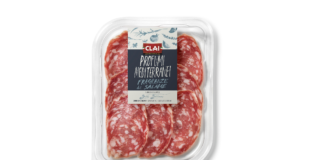 Vaschetta di salame affettato CLAI Profumi Mediterranei Fragranze di Salame, novità presentata a Tuttofood 2026. L'etichetta mostra il logo CLAI e la dicitura "su ricetta esclusiva di Baldo Baldinini"