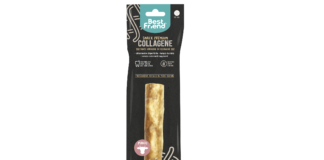 Confezione di snack al collagene per cani Best Friend al gusto manzo. Il prodotto è visibile all'interno del packaging scuro con etichetta verde acqua, che sottolinea i benefici funzionali della linea premium di Rinaldo Franco