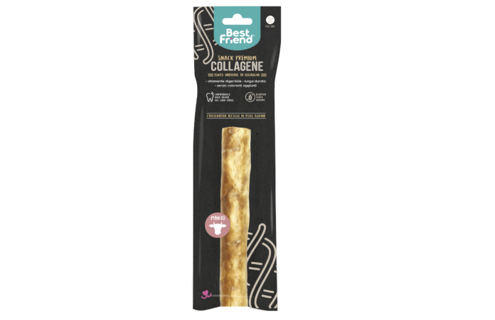Snack al collagene Best Friend 2026 Confezione di snack al collagene per cani Best Friend al gusto manzo. Il prodotto è visibile all'interno del packaging scuro con etichetta verde acqua, che sottolinea i benefici funzionali della linea premium di Rinaldo Franco