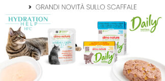 Almo Nature gatto: arrivano le linee HFC Hydration e Daily in Tetra Recart Confezioni e prodotti Almo Nature gatto delle nuove linee HFC Hydration Help in busta e mousse Daily in packaging Tetra Recart, con loghi ufficiali e cibo per gatti servito