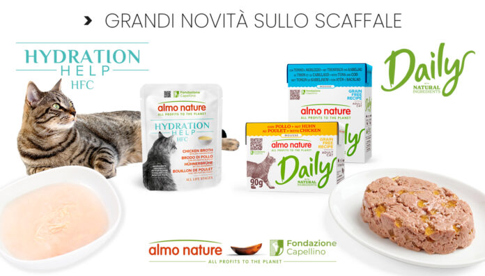 Almo Nature prodotti 2026 Confezioni e prodotti Almo Nature gatto delle nuove linee HFC Hydration Help in busta e mousse Daily in packaging Tetra Recart, con loghi ufficiali e cibo per gatti servito