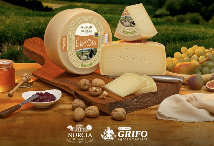 Caciottone di Norcia IGP Forme e fette di Caciottone di Norcia IGP del Gruppo Grifo disposte su un tagliere di legno con noci, miele, confettura e uva, con lo sfondo dei pascoli umbri e i loghi aziendali in evidenza