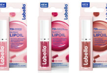 Gamma completa dei nuovi Labello Lip Oil: confezioni e flaconi delle tre shade Blossom Breeze, Red Velvet e Maroon Glaze, arricchite con ceramidi e boost di collagene per 72 ore di idratazione e brillantezza