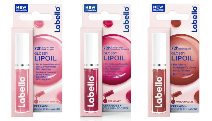 Labello Lip Oils 2026 Gamma completa dei nuovi Labello Lip Oil: confezioni e flaconi delle tre shade Blossom Breeze, Red Velvet e Maroon Glaze, arricchite con ceramidi e boost di collagene per 72 ore di idratazione e brillantezza
