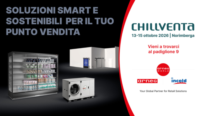 Arneg Chillventa 2026 Soluzioni per la refrigerazione commerciale Arneg e Incold presentate a Chillventa 2026 con banco frigo, centrale e cella frigorifera