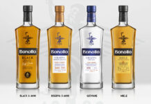 Bonollo 1908 protagonista nel retail con Le Colonne del Gusto Bottiglie della linea Bonollo Le Colonne del Gusto con le quattro referenze Black 6 Anni, Riserva 3 Anni, Giovane e Miele disposte su fondo chiaro