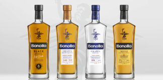 Bottiglie della linea Bonollo Le Colonne del Gusto con le quattro referenze Black 6 Anni, Riserva 3 Anni, Giovane e Miele disposte su fondo chiaro