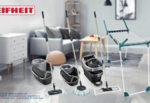 Soluzioni per l'home care Leifheit con lo stendibiancheria Pegasus Rock Solid e i sistemi lavapavimenti Clean Twist Black Diamond in un ambiente domestico moderno