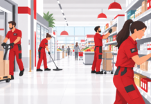 Gdo: Magrini Energia, facchinaggio, pulizie e inventari Operatori con divisa rossa impegnati nei servizi per la Gdo di Magrini Energia tra allestimento scaffali, movimentazione merci e pulizia delle corsie del supermercato
