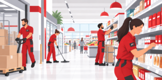 Operatori con divisa rossa impegnati nei servizi per la Gdo di Magrini Energia tra allestimento scaffali, movimentazione merci e pulizia delle corsie del supermercato