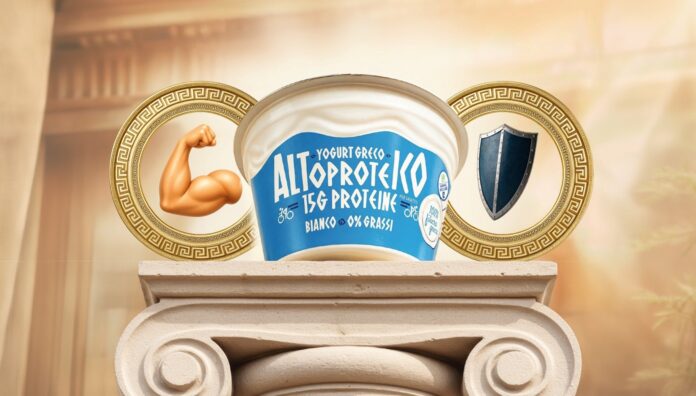 Immagine promozionale Altoproteico: vasetto di yogurt greco proteico e probiotico (bianco, 0% grassi, 15g proteine) posizionato su una colonna ionica greca. La grafica unisce la forza dei probiotici (kefir) e delle proteine, evocando la potenza divina greca