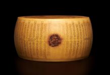 Parmigiano Reggiano di montagna, sempre più apprezzato Una forma intera di Parmigiano Reggiano di montagna DOP su sfondo scuro, con lo scalzo che mostra chiaramente la marchiatura a puntini "PARMIGIANO REGGIANO" ripetuta e il bollo della certificazione di qualità impresso al centro