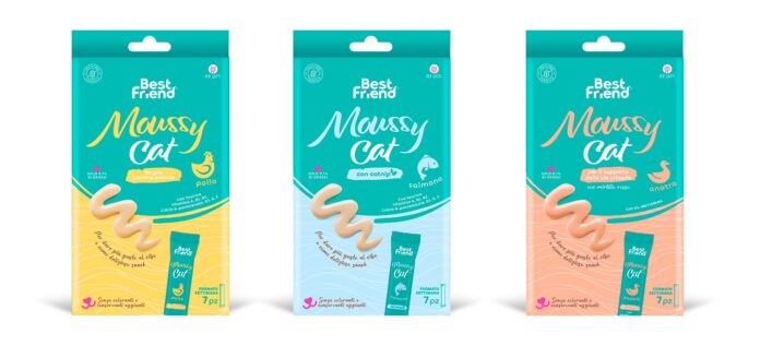 Rinaldo Franco Moussy Cat 2026 Confezioni degli snack cremosi per gatti Moussy Cat di Best Friend nei gusti pollo, salmone e anatra