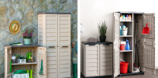Mobili contenitori ed effetto legno della linea Riponi Bama per l'organizzazione di spazi interni ed esterni con attrezzi da giardino e prodotti per la pulizia