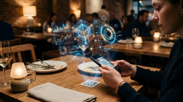 A woman uses a smartphone to scan a QR code in a restaurant, interacting with digital augmented reality graphics.